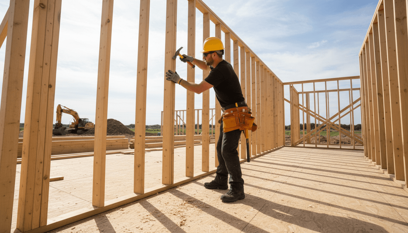 Carpenter framing a wooden wall in new construction