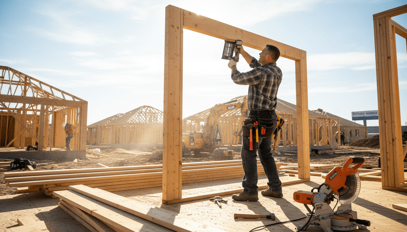 Carpenter framing a wooden wall frame at a construction site in New York