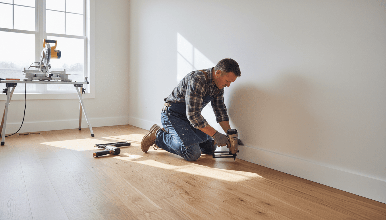 Carpenter installing trim in a bright room