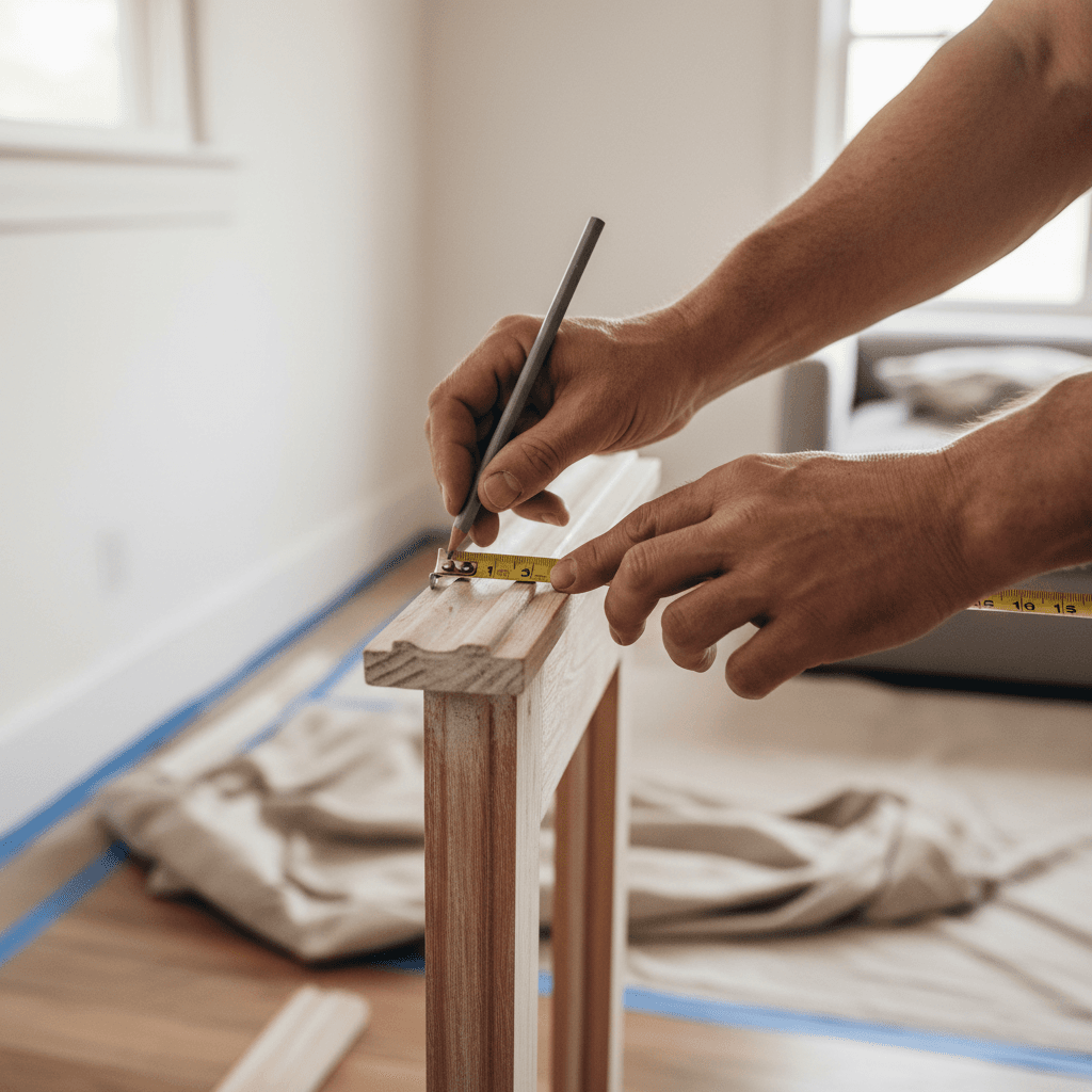 Close-up of a carpenter's hands working on finish carpentry