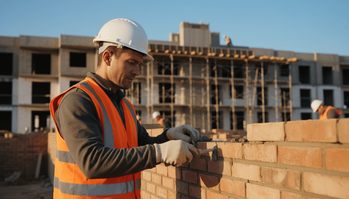 Carpenter framing a wooden wall structure at a construction site