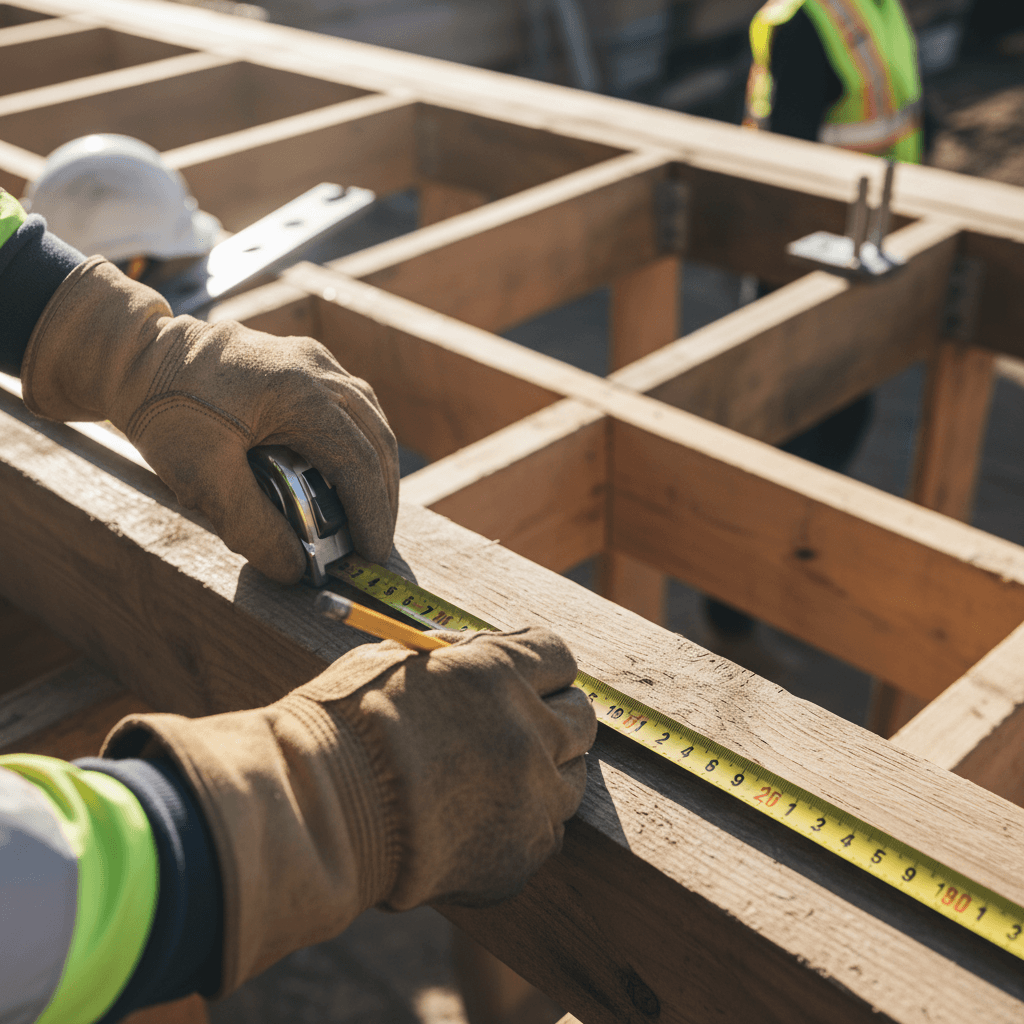 Contractor measuring and cutting wood framing on a residential construction site