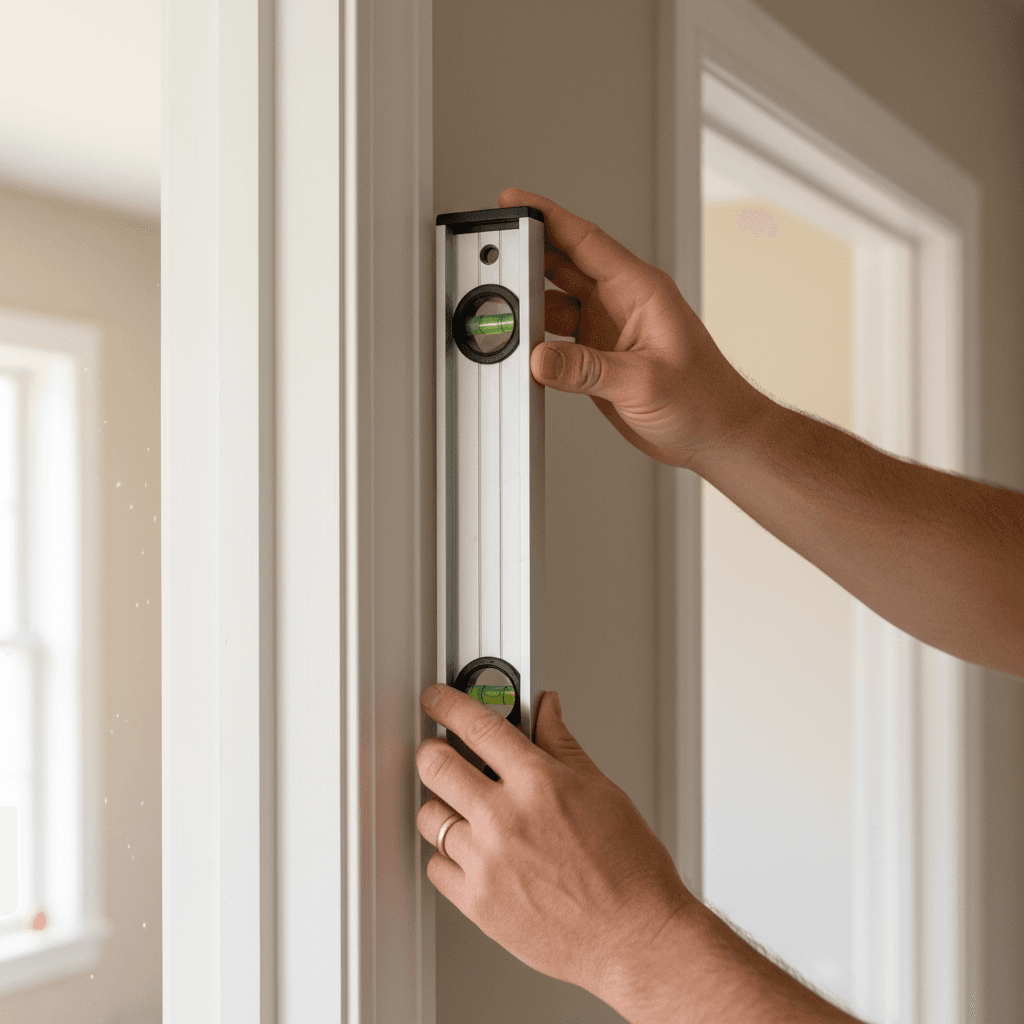 Close-up of a carpenter's hands installing finish trim in a modern home