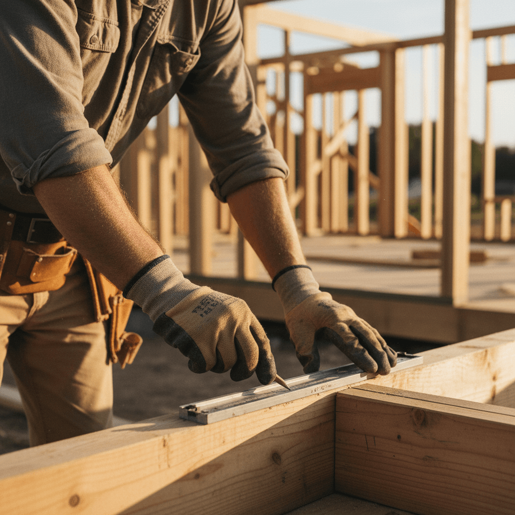 Carpenter working on wooden frame in unfinished interior